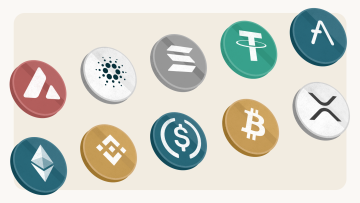 Cryptocurrency logos on beige backdrop